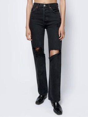 NWOT Re/Done 100% Cotton Distressed 90s High Rise Loose Jeans Black Rip